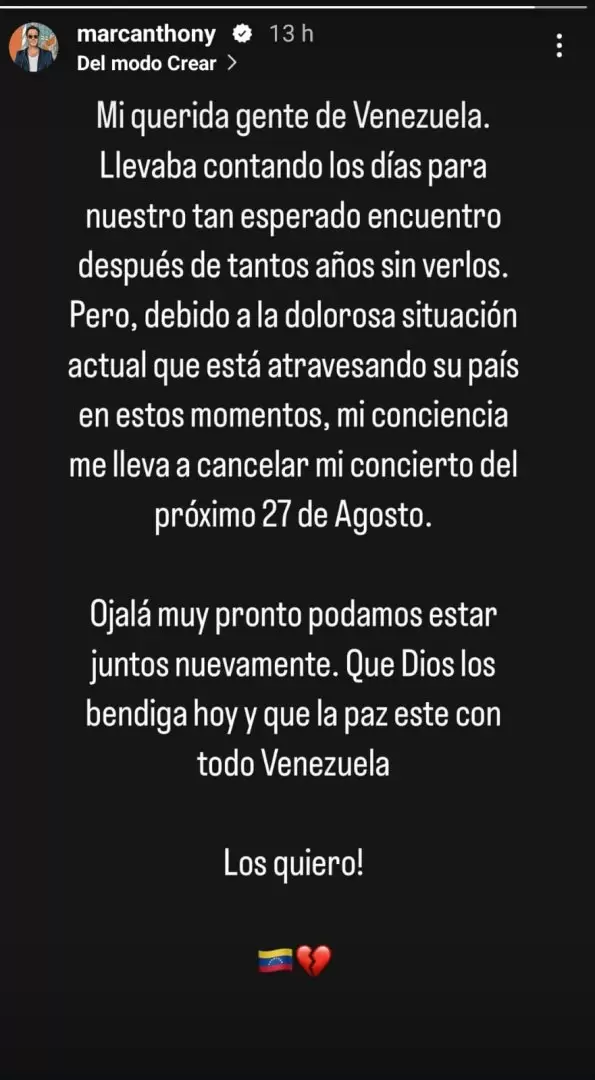 Marc Anthony cancela concierto en Venezuela