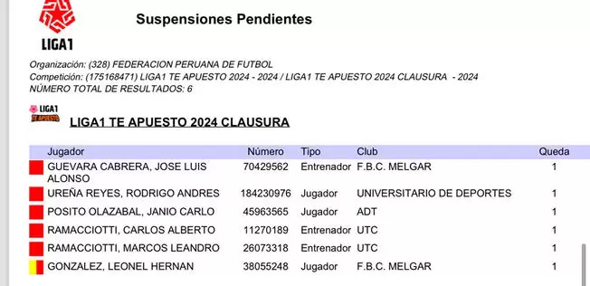 Boletn de sanciones para la fecha 6 del Torneo Clausura 2024.